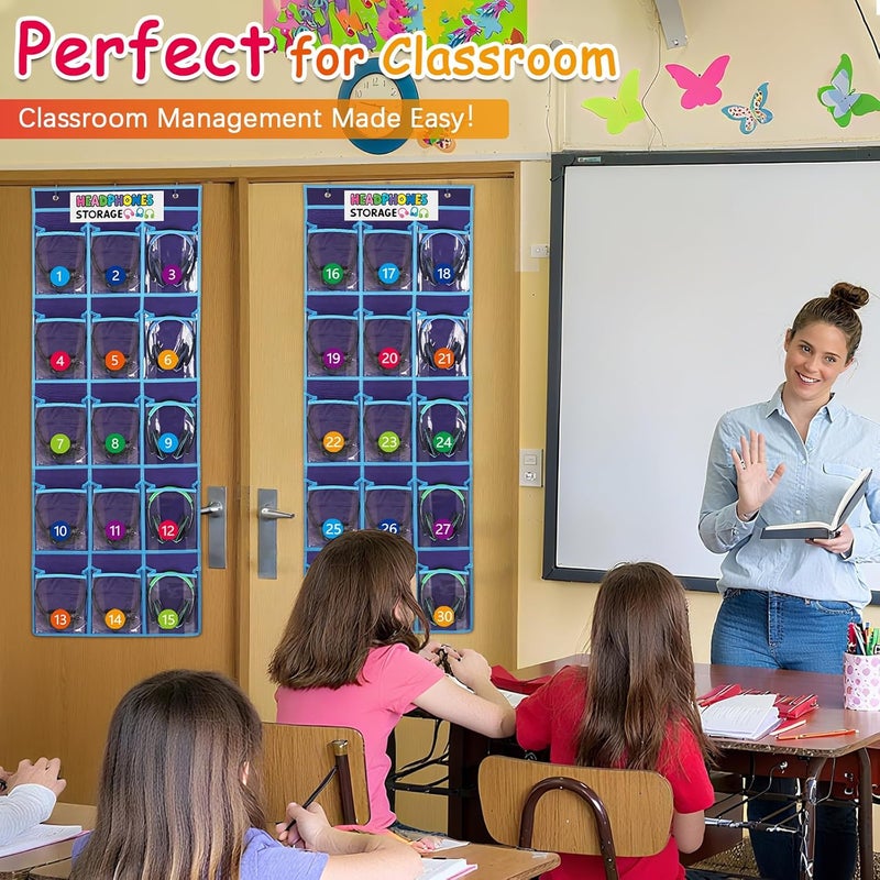 Olpchee 2 Pack Classroom Headphone Storage Organizer with 30 Pockets, PVC Clear Classroom Pocket Chart for Headphone Cell Phone Over-the-Door Hanging Headphone Holder Bag with 62 Labels(Blue) - Image 2